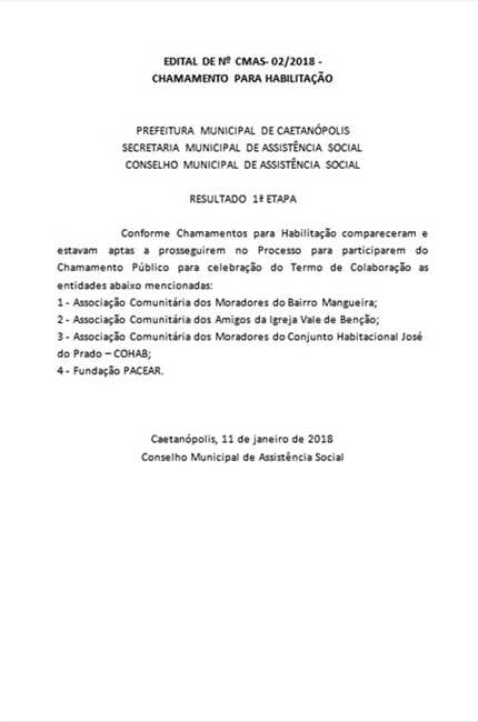 EDITAL DE Nº CMAS- 02/2018 -
CHAMAMENTO PARA HABILITAÇÃO


